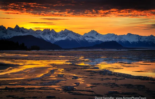 Ice, winter, water, sunset, mountains