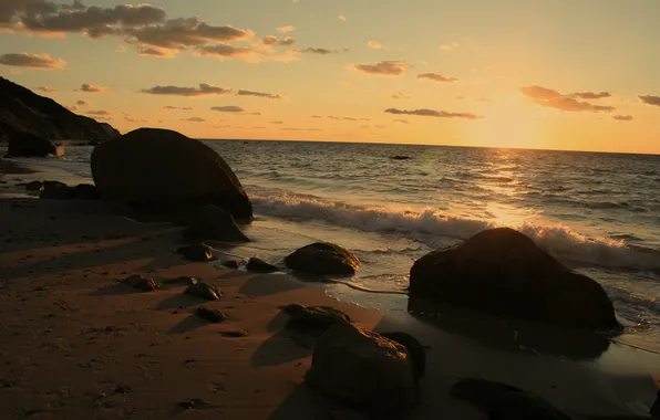 Picture sand, sea, sunset, stones