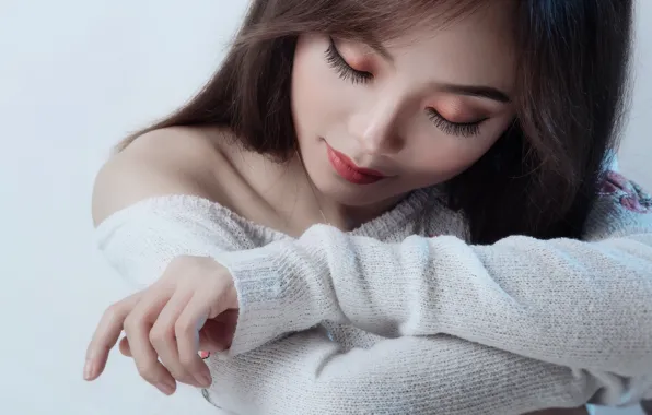 Picture girl, face, pose, portrait, Asian, closed eyes