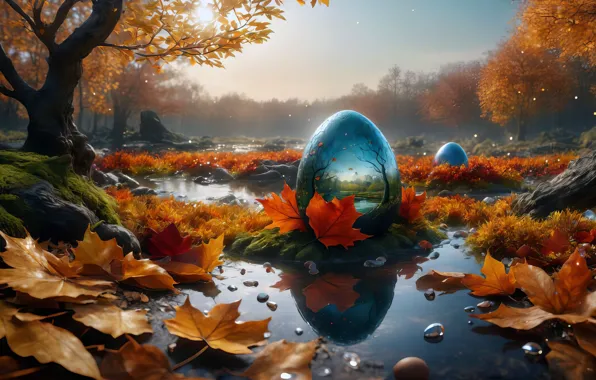 Fantasy, autumn, leaves, egg, crystal egg