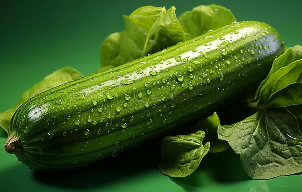 Greens, leaves, drops, vegetables, green background, zucchini, zucchini, AI art