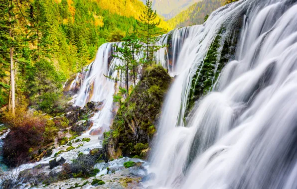 Autumn, forest, trees, mountains, stones, rocks, waterfall, China