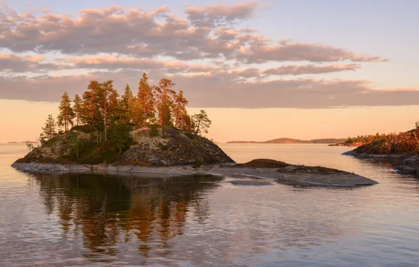Trees, landscape, nature, lake, stones, morning, island, Lake Ladoga