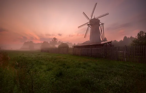 Greens, the sky, fog, sunrise, the fence, Mill
