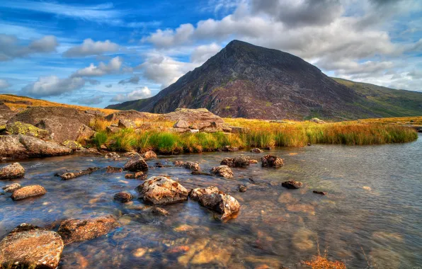 The sky, clouds, mountains, river, stones