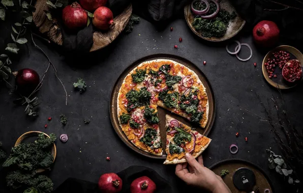 Bow, pie, pizza, grenades, piece, broccoli