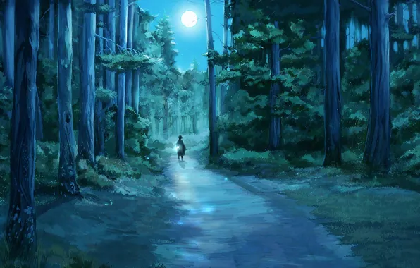Forest, night, fireflies, the moon, figure, flashlight, girl, tree