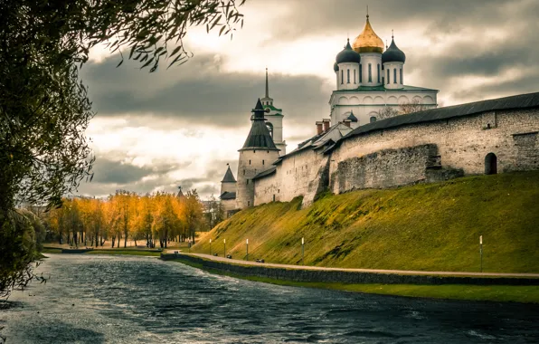 Autumn, the sky, clouds, trees, branches, old, river, wall