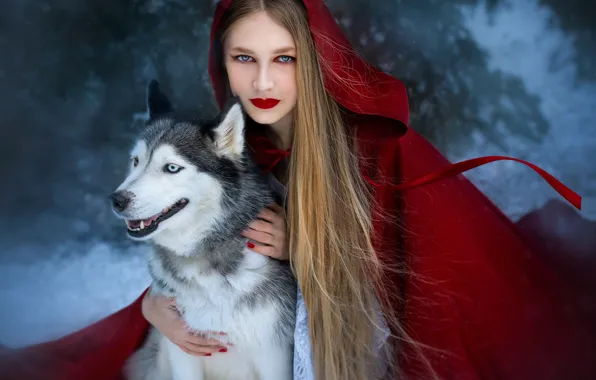 Winter, forest, girl, snow, dog, makeup, outfit, image
