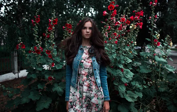 Trees, flowers, model, portrait, makeup, dress, hairstyle, brown hair