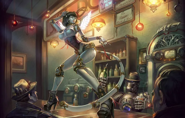 Girl, lights, robot, wings, dance, bar, doll, Art