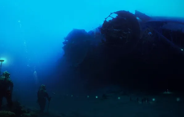 Sea, people, ship, diver, the skeleton, art, under water, scuba