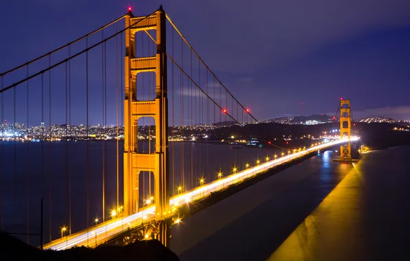 Night, bridge, lights, Bay, Golden gate, USA, San Francisco
