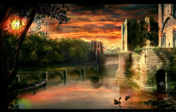 Picture sunset, bridge, lake, castle, fantasy