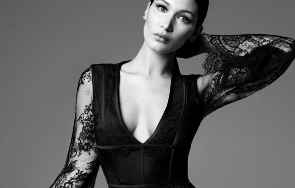 Model, dress, neckline, black and white, neckline, Bella Hadid