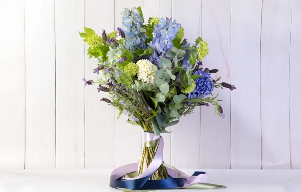 Greens, bouquet, lavender, hydrangea, hyacinth, delphinium