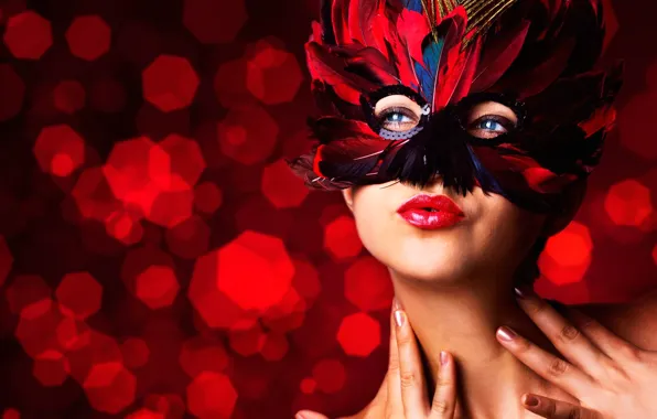 Picture girl, face, feathers, hands, mask, masquerade