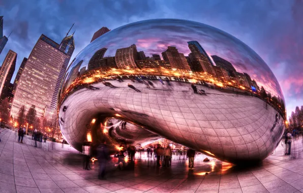 Clouds, the city, people, HDR, excerpt, Chicago, Millennium Park, fisheye