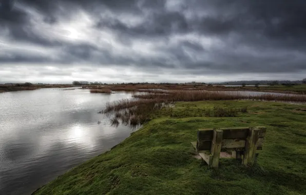 Grass, water, bench, clouds, lake, pond, shop, gloomy