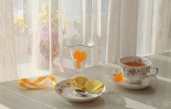 Lemon, tea, window, still life