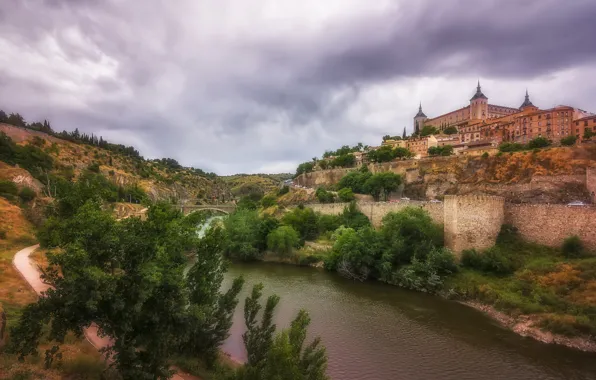 River, castle, Spain, Toledo
