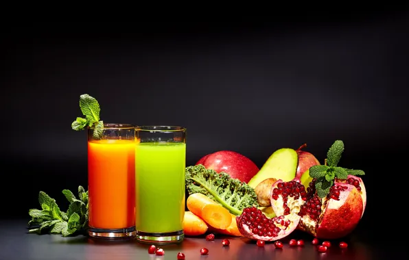 Greens, Apple, juice, fruit, vegetables, carrots, garnet, avocado