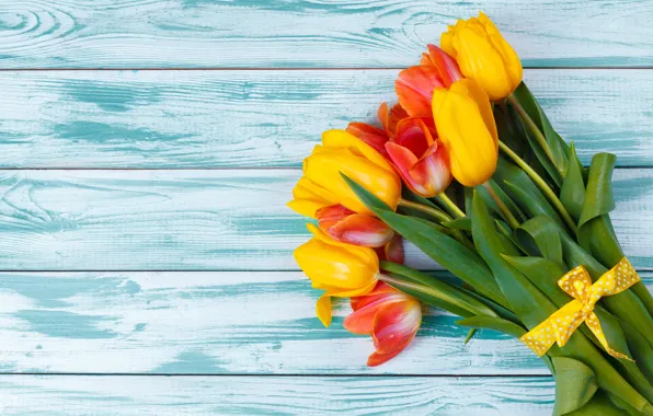 Picture flowers, bouquet, tulips, red, yellow, wood, flowers, tulips