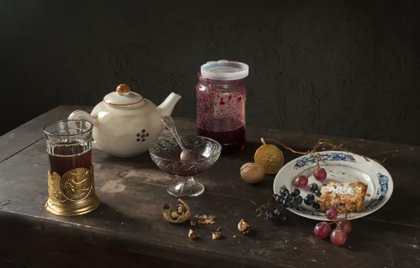 Glass, berries, table, lemon, tea, kettle, cookies, plate