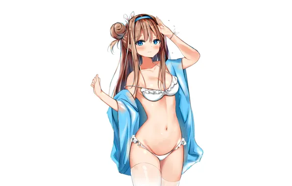 Picture girl, sexy, cleavage, thighhighs, long hair, brown hair, boobs, anime