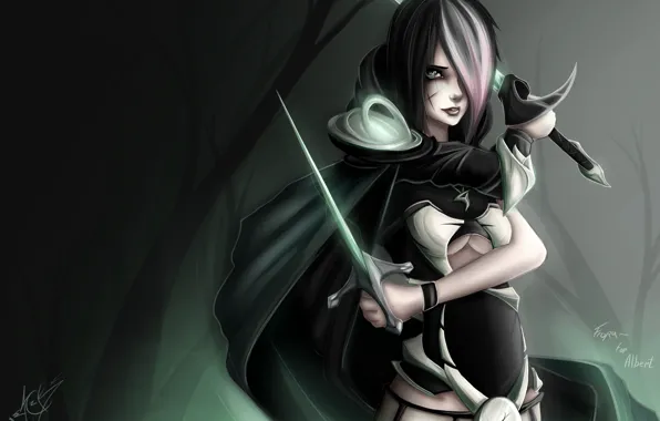 Picture forest, look, girl, weapons, swords, art, league of legends, Fiora