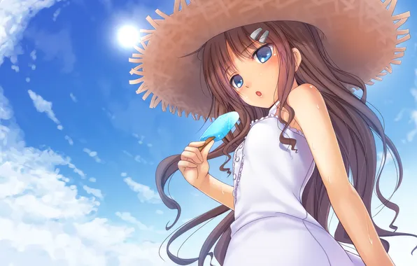 Picture summer, the sky, girl, the sun, clouds, heat, ice cream, brown hair