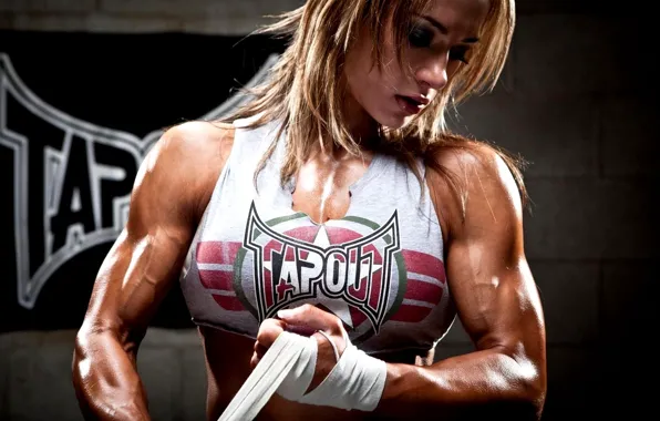 Hall, fitness, woman, power, muscles, bandages, pose, fitness
