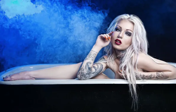 Girl, Model, Blonde, Long Hair, Bath Room, Piercing, Makeup, Tattoos