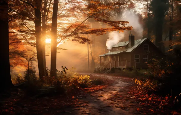 Autumn, forest, the sun, light, trees, fog, house, Park
