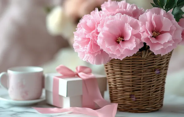 Flowers, holiday, gift, bouquet, pink, bow, basket, AI art