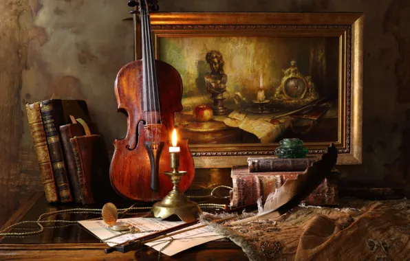 Pen, violin, watch, books, candle, picture, ink