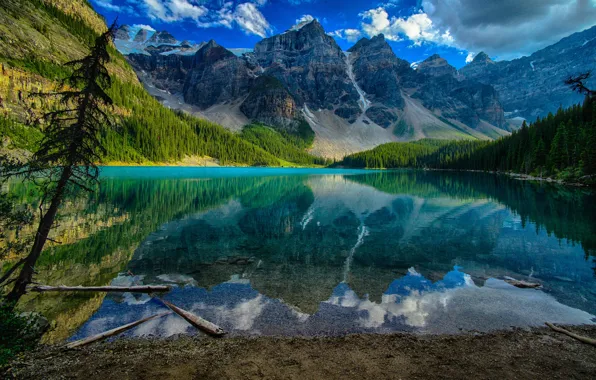 Forest, clouds, trees, mountains, lake, rocks, Canada, Banff National Park