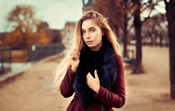 Autumn, trees, background, portrait, makeup, hairstyle, blonde, fur
