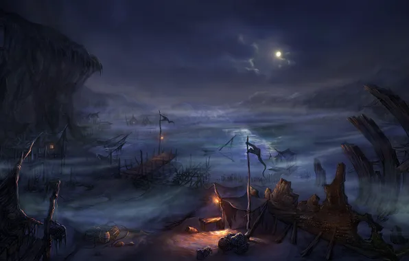 The moon, home, lake, Night, boats, the fire destroyed the ship, network, village