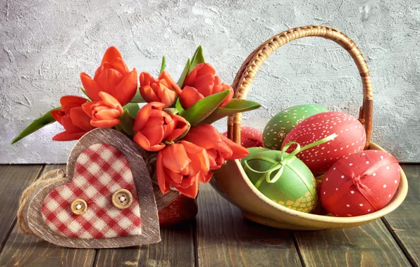 Flowers, eggs, spring, Easter, tulips, red, love, happy