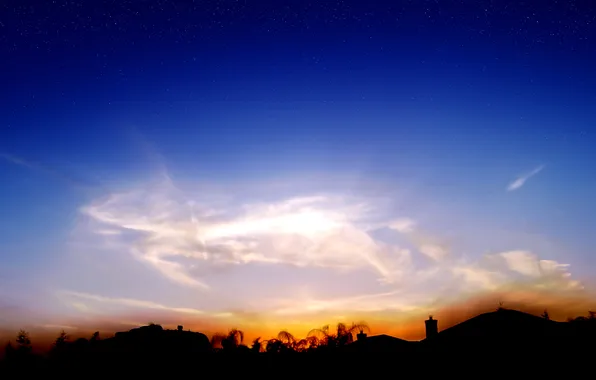 Roof, the sky, clouds, trees, sunset, silhouette