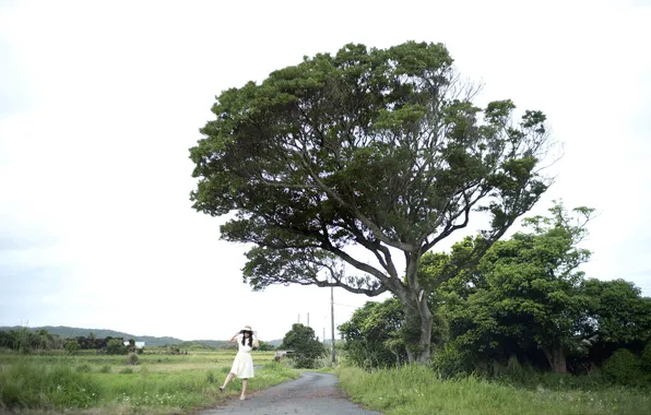 Grass, Beautiful, Asian, Model, Woman, Road, Hat, Trees