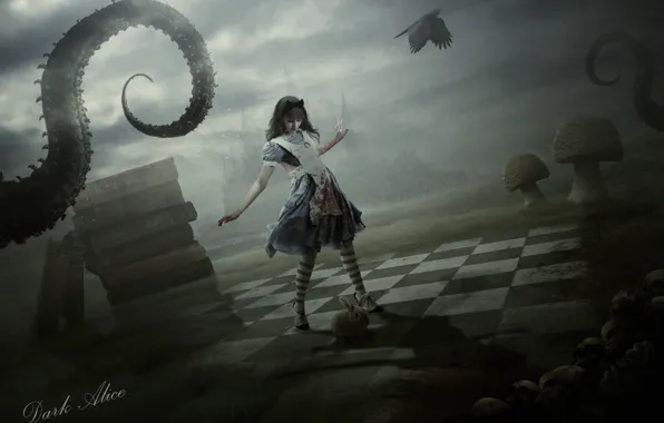 Picture girl, castle, mushroom, books, rabbit, dress, skull, tentacle