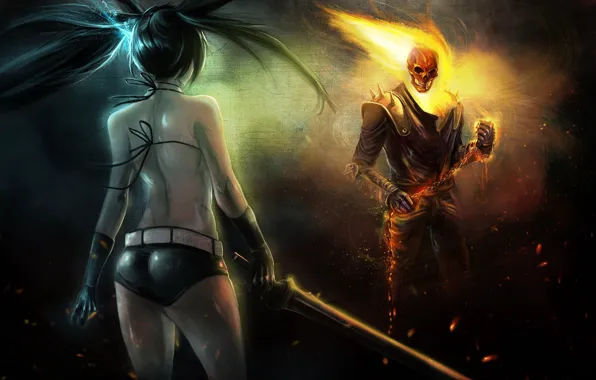 Picture girl, night, fire, sword, skeleton, Ghost rider