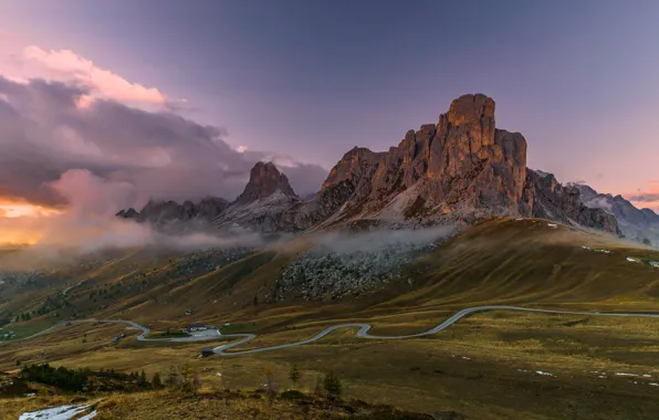 Road, clouds, mountains, rocks, Italy, The Dolomites