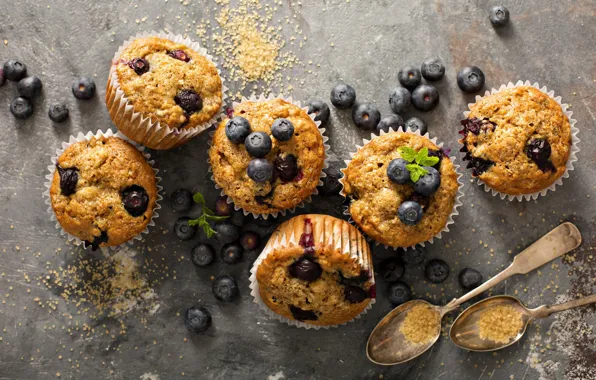 Sugar, mint, cakes, cupcakes, blueberries, desserts