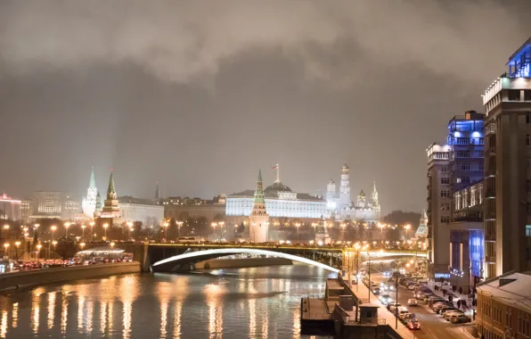 Night, the city, lights, river, Moscow, The Kremlin, Russia, Moscow