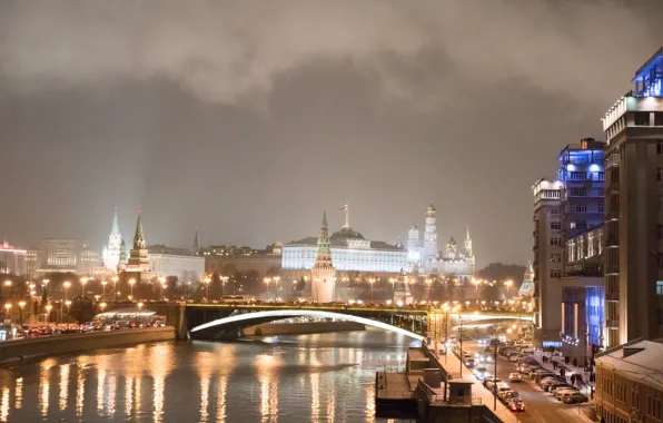 Picture night, the city, lights, river, Moscow, The Kremlin, Russia, Moscow