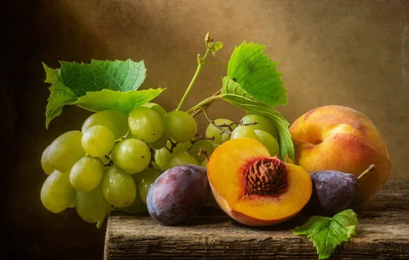 Grapes, still life, peaches, plum, Maxim Vyshar