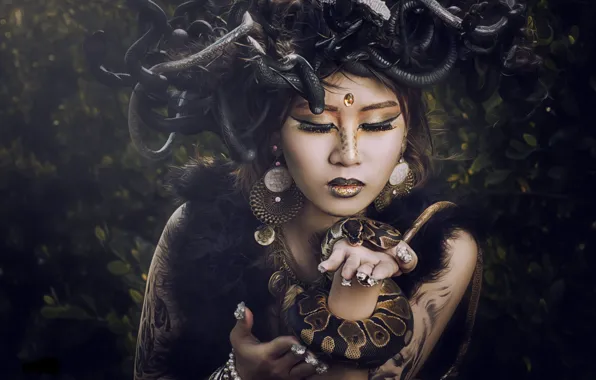 Picture snakes, girl, style, model, makeup, Asian, Medusa